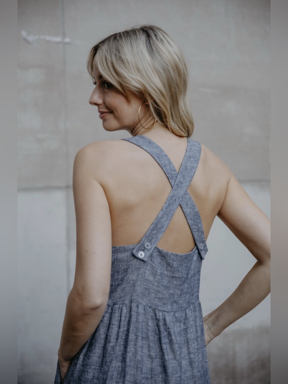 Long Lena Tiered Linen Dress in Chambray Denim Linen